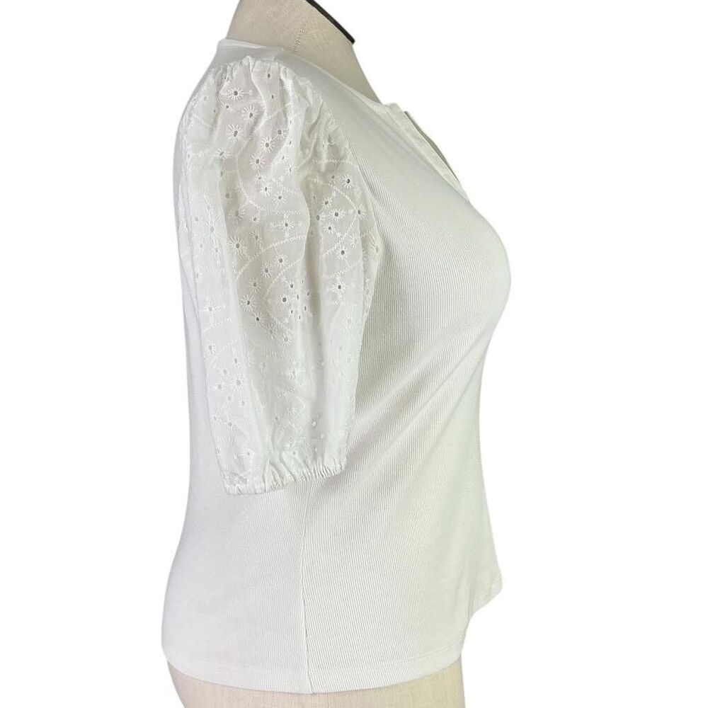 Dolan Top Womens L White Cotton Blend Eyelet Puff Sleeve V Neck Anthropologie - Picture 3 of 7